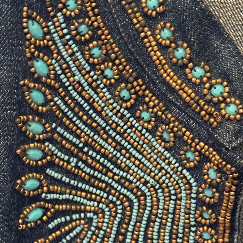 Chico's Embellished Turquoise & Gold Beaded Denim Jacket Size 1/Medium  Like New - Picture 3 of 12